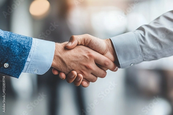 Fototapeta Close up view of handshake between two businessmen illustrating collaboration