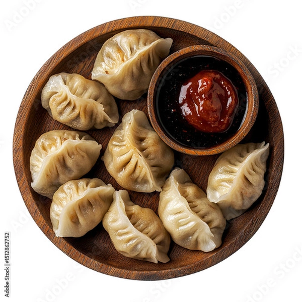 Obraz Veg steam momo. Nepalese Traditional dish Momo stuffed with vegetables and the cooked and served with sauce over a rustic wooden background, selective focus, Image for the restaurant menu?