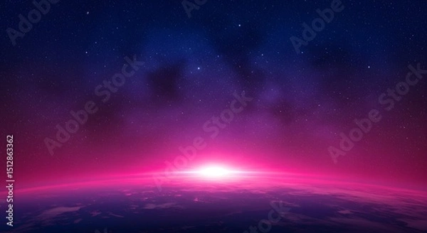 Fototapeta Abstract Pink and Blue Space Background with Starry Nebula and Glowing Horizon