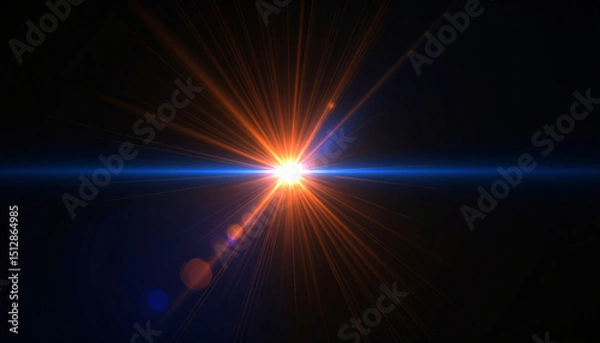 Fototapeta Colorful Glow Light Flare Sparks with Red Orange Rays on Dark Blue Abstract Background