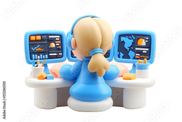 Fototapeta Cartoon worker managing data on multiple monitors, isolated over black background