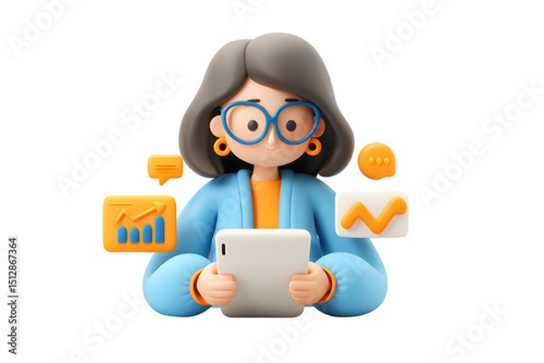 Fototapeta 3D Woman with Tablet Analyzing Charts for Financial Growth and Business Strategy