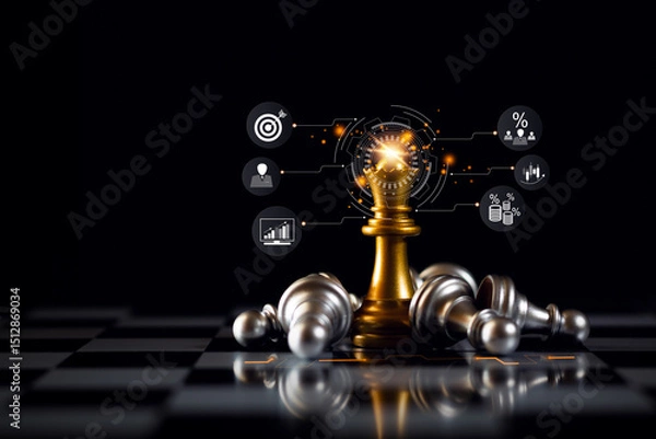 Fototapeta The golden Queen chess piece stands out in the center of the board against a pitch-black background, symbolizing leadership, strategy, It is suitable for business, success, and planning concepts.