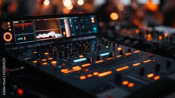 Fototapeta Close-up of a professional audio mixing console with colorful displays and controls