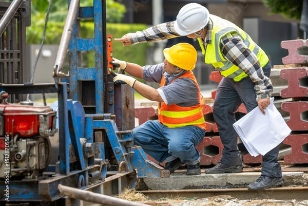 Fototapeta Construction Site Worker Supervising and Assisting a Colleague in Operating Concrete Drilling Equipment with Safety Gear and Bright Vests Near Brick Walls
