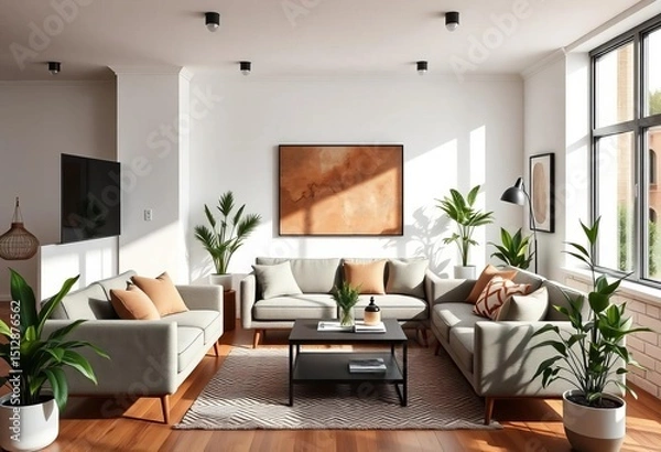 Fototapeta Modern minimalist coliving living room with shared sofa, plants, and natural light,  bright,  welcoming