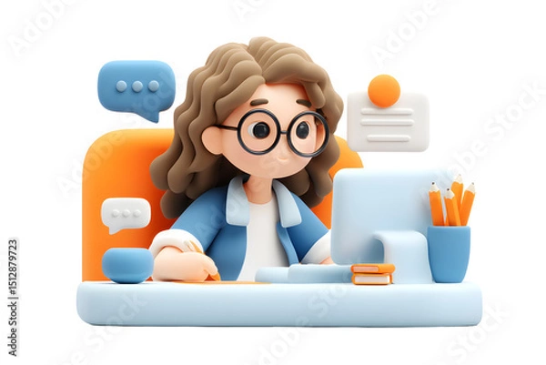 Fototapeta Cute 3D Woman Working on a Computer with Speech Bubbles and Stationery Items