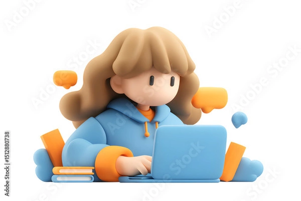 Fototapeta Cartoon character working on laptop with social media communication bubbles
