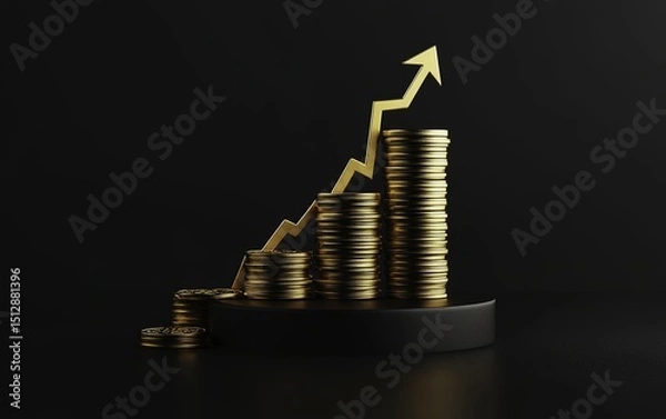 Obraz A stack of gold coins arranged on rectangular black podium blocks with an upward arrow symbolizing financial growth