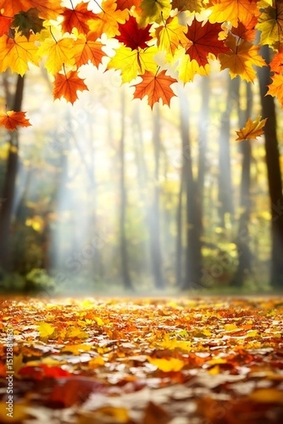 Obraz Enchanting autumn forest landscape with sunbeams and colorful foliage