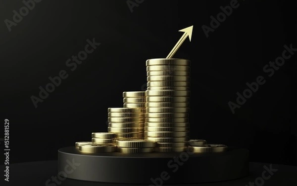 Obraz A stack of gold coins arranged on rectangular black podium blocks with an upward arrow symbolizing financial growth