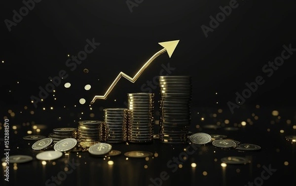 Obraz A stack of gold coins arranged on rectangular black podium blocks with an upward arrow symbolizing financial growth