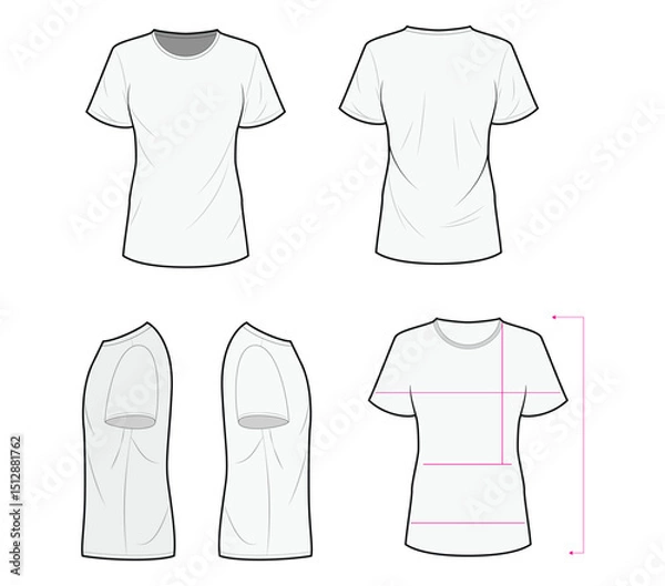 Fototapeta T-Shirt Measurement Guide Template – Front, Back, Side Views with Sizing Lines for Online Shopping