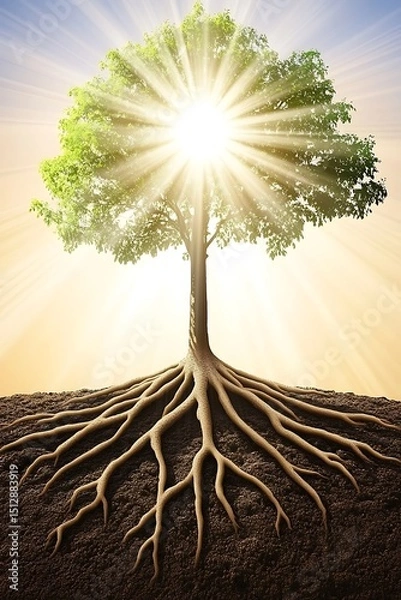 Fototapeta Symbolic depiction of a tree with radiant light representing growth
