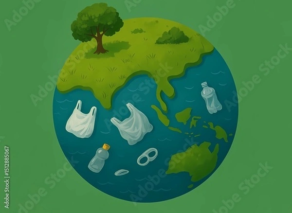 Obraz green planet earth. world with green plants, sea and garbage, world environment day concept