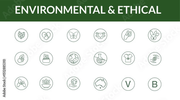 Fototapeta Ethical Sustainable Vegan Icons, Fair Trade, Sustainability Minimal Icon Set. Vector Icons of Ethical Practices, Eco-Friendly Products, Environmental Impact, Vegan, B-Corp, Line Art Icons