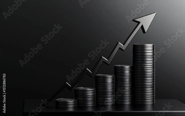 Obraz Stacked golden coins on a black podium with an upward arrow and dramatic lighting