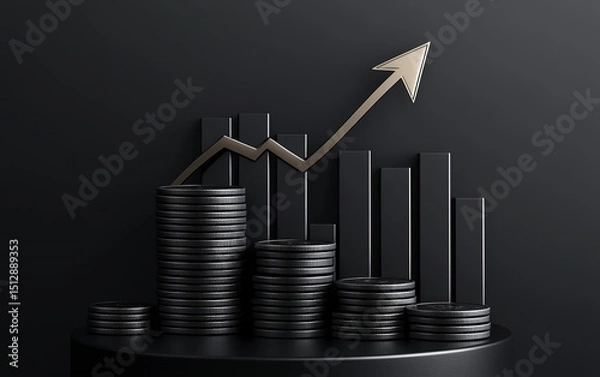 Obraz Stacked golden coins on a black podium with an upward arrow and dramatic lighting