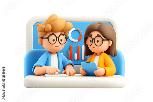 Fototapeta Cartoon characters analyzing data on a computer, collaborating on business strategies