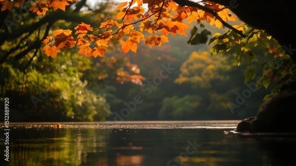 Obraz A soft breeze ruffling the leaves of a tree by a calm lake.