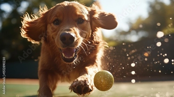 Obraz A joyful dog chasing a bouncy ball across a green field.