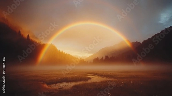 Obraz A rainbow arching over a peaceful meadow with dew covered flowers beneath.