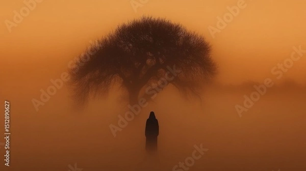Obraz A mysterious figure standing in the mist at dawn barely visible.