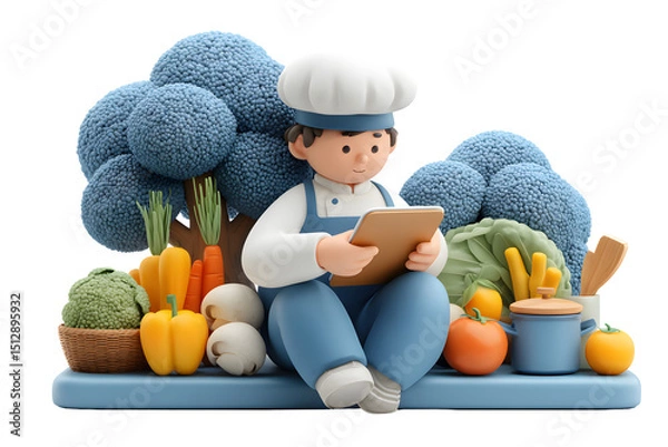 Fototapeta Cartoon chef checking recipe on tablet surrounded by fresh vegetables garden