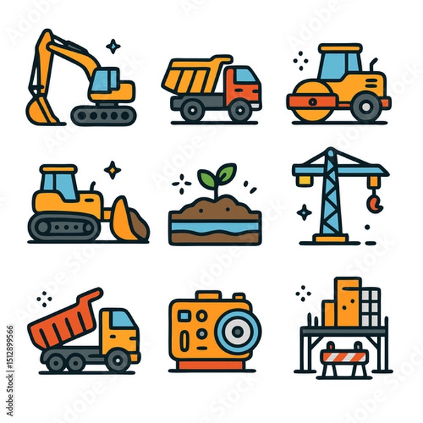 Obraz set of construction machines and trucks