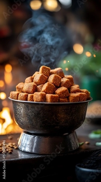 Obraz Stacked cubes of snacks steaming in a bowl