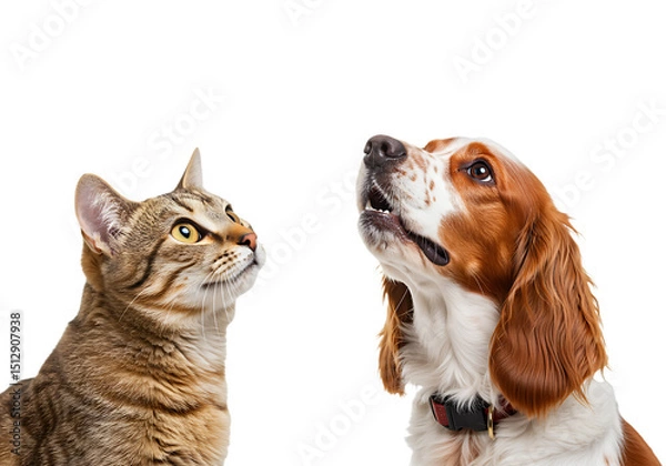 Fototapeta Cat and dog looking up isolated on transparent background