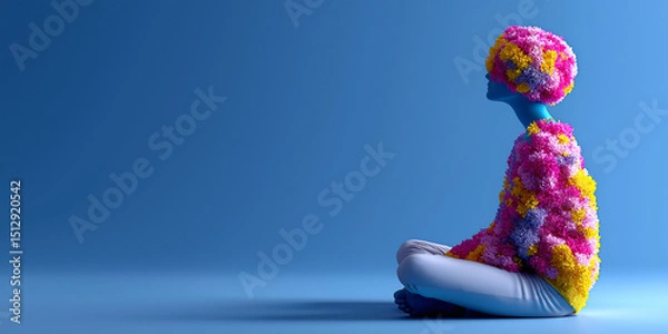 Obraz  Surreal Minimalist Floral Meditation Concept on Blue. copy space