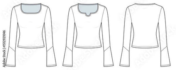 Fototapeta Bell-Sleeve Scoop Neck Top Technical Fashion Illustration. Two Front Design Styles. Decorative Neckline Variation. Women’s Fitted Knitwear. Front and Back Views. CAD Mockup Set.