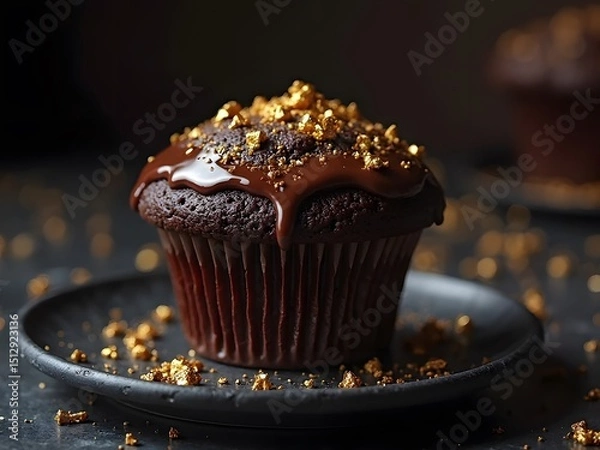 Obraz Double Chocolate Muffin Elegance: A rich double chocolate muffin with glossy ganache, topped with edible gold flakes, served on a black marble plate with a dramatic blurry dark background.