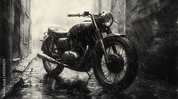 Fototapeta A pencil sketch of a vintage motorcycle covered in raindrops, sitting in a narrow stone alley during a light drizzle, background blurred with soft streaks of rain.