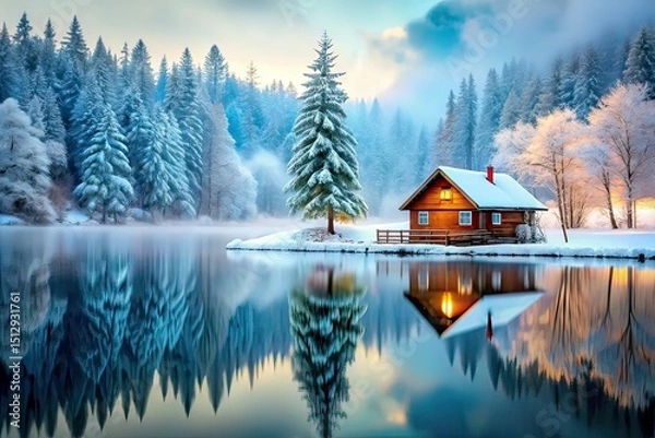 Fototapeta Winter Cabin Reflection - Tilt-Shift Lake Scene
