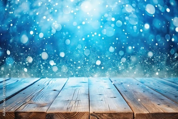 Fototapeta Winter Wonderland Tabletop, Snowfall, Bokeh, Blue & White
