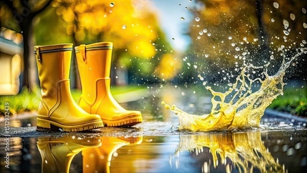 Fototapeta Yellow Rain Boots Splashing in Water High Definition