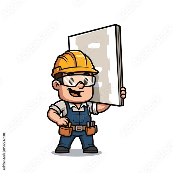 Obraz Smiling Cartoon Construction Worker Holding Drywall Sheet