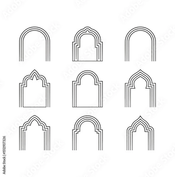 Fototapeta Line art Set of gold ornament arab windows and door. Vector illustration. Ramadan Kareem design element, invitation or card template. Arabic traditional architecture, beautiful arabesque motif pattern