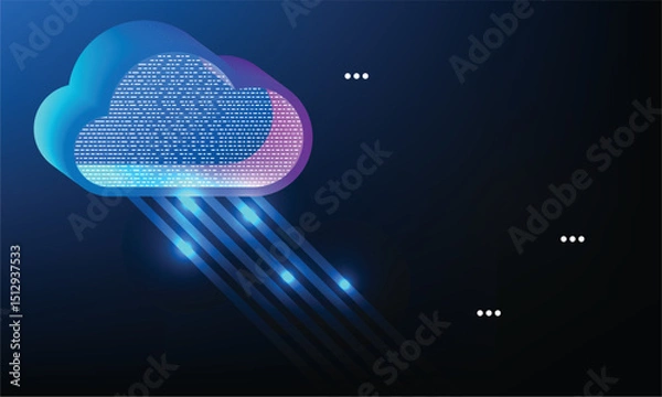 Obraz A digital cloud icon with colorful data streams, representing technology and connectivity. background is dark, enhancing vibrant colors of cloud