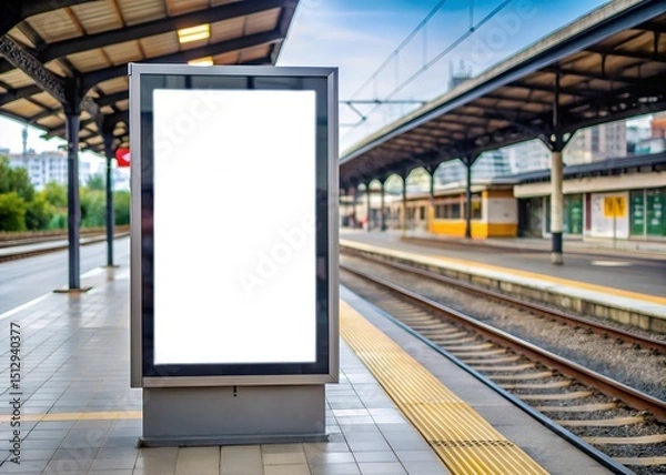Fototapeta Vertical advertising billboard with empty digital screen on railway station. Blank white poster, public information board for advertising, marketing display promotion. 