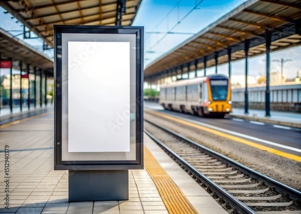 Fototapeta Vertical advertising billboard with empty digital screen on railway station. Blank white poster, public information board for advertising, marketing display promotion. 