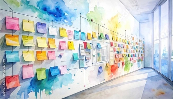Fototapeta A bright, modern room with colorful sticky notes covering a wall, creating a vibrant and creative workspace atmosphere.
