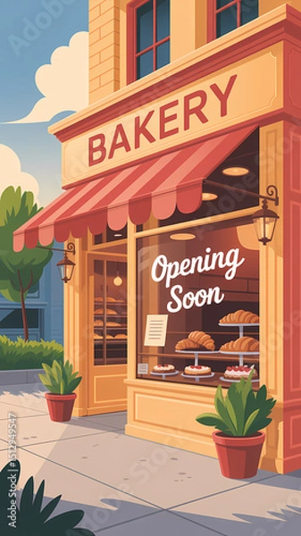 Fototapeta Flat Design Bakery Storefront Illustration with “Opening Soon” Sign, Warm Pastel Colors, and Displayed Pastries in a Cozy Afternoon Setting