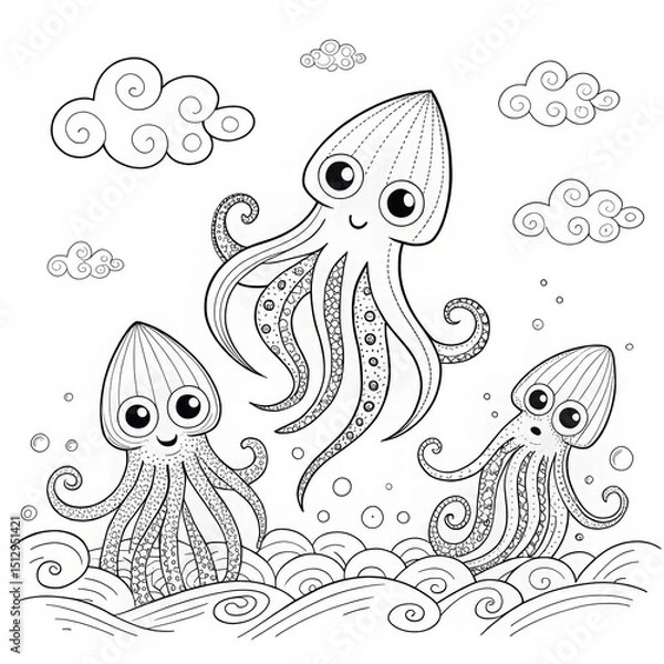 Fototapeta Cute and Playful Octopuses in a Whimsical Underwater Scene