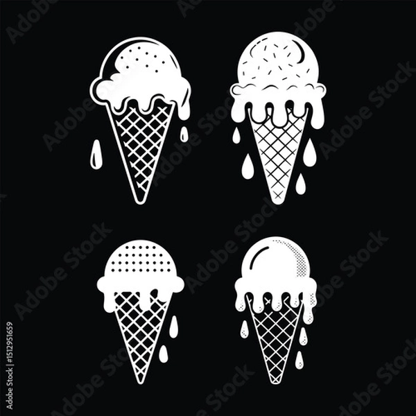 Fototapeta Melting ice cream cone graphics set isolated on white background.Set of Melting Ice Cream Cone Illustrations – Black and White Vector Icons of Dripping Waffle Cones, Summer Dessert Sketches on Black