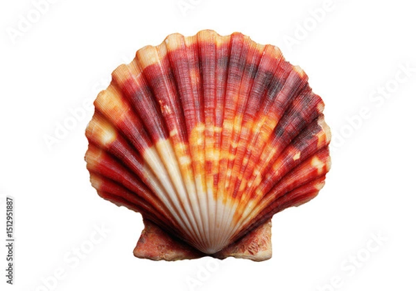 Fototapeta Stunning red and orange scallop shell on black background ocean seashell