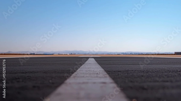 Fototapeta Close-Up View of a Tarmac Runway with a White Centerline Under Clear Blue Sky on a Sunny Day Showing the Vast Empty Airport Landscape