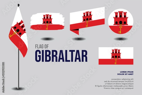 Obraz Set of Gibraltar flag in 5 designs: flag on pole, brush stroke, skew, round and standard. vector, flat, isolated on grey background. Perfect for various design projects